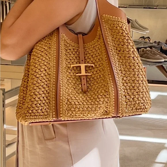 Tod's Tan Medium Raffia T Timeless Tote Shopping Bag - Picture 1 of 6